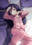  1girl akatsuki_(kantai_collection) bangs bed blanket blush eyebrows_visible_through_hair food_print kantai_collection long_hair long_sleeves lying mofu_namako on_back pajamas pillow pink_pajamas purple_hair sleepwear solo strawberry_print tears violet_eyes waking_up 