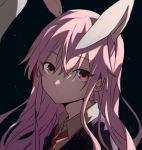  1girl animal_ears bangs black_background black_jacket chromatic_aberration english_commentary from_side hair_between_eyes jacket long_hair looking_at_viewer necktie portrait purple_hair rabbit_ears red_eyes red_neckwear reisen_udongein_inaba satoupote shirt solo touhou white_shirt 