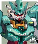  aqua_eyes close-up glowing glowing_eyes gundam gundam_build_divers gundam_build_divers_re:rise gunpla highres mecha nepteight_gundam no_humans solo upper_body v-fin watermark wu-qiao 