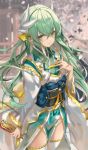  1girl blurry blurry_background cowboy_shot dragon_girl dragon_horns eyebrows_visible_through_hair fan fate/grand_order fate_(series) folding_fan green_eyes green_hair hair_between_eyes highres holding holding_fan horns japanese_clothes kimono kiyohime_(fate/grand_order) long_hair looking_at_viewer multiple_horns sash shino_(eefy) solo thigh-highs 