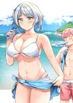  1boy 1girl aarc beach bikini blush bottle breasts day green_eyes grey_hair hair_ornament hairclip highres holding holding_bottle lifted_by_self looking_at_viewer male_swimwear navel original outdoors pink_hair ramune short_hair spit_take spitting standing swim_trunks swimsuit swimwear white_bikini 