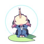  :&lt; arknights arm_pouch artist_name bangs blue_footwear blue_jacket blue_poison_(arknights) bug circle commentary frog_girl hood hood_up hooded_jacket jacket karilometer lily_pad long_tongue looking_up low_twintails pink_hair shoes simple_background squatting tongue twintails white_background 