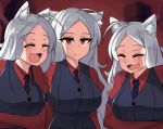  3girls absurdres animal_ears cerberus_(helltaker) dog_ears fang helltaker highres hinghoi laughing meme multiple_girls photo-referenced red_eyes unamused white_hair 