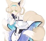  1girl absurdres animal_ears apron aqua_hairband arknights bangs bare_shoulders blonde_hair blue_skirt braid commentary cowboy_shot fox_ears fox_tail green_eyes hair_rings hairband highres looking_at_viewer miyuki_(miyuki0529) multiple_tails ore_lesion_(arknights) shirt short_hair short_sleeves simple_background skirt solo suzuran_(arknights) tail waist_apron white_apron white_background white_shirt wrist_cuffs 