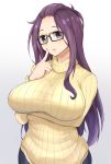  1girl absurdres arm_under_breasts bangs_pinned_back black-framed_eyewear breasts commentary_request finger_to_cheek glasses highres index_finger_raised kagamihara_sakura large_breasts long_hair masegohan open_mouth purple_hair ribbed_sweater sidelocks sweater turtleneck turtleneck_sweater violet_eyes yellow_sweater yurucamp 