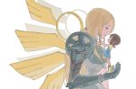  2girls angel_wings armor bangs blonde_hair breastplate breasts brown_eyes brown_hair digimon digimon_adventure from_side full_body gauntlets golden_wings green_armor hair_between_eyes highres holding_person large_breasts long_hair looking_at_another multiple_girls navel navel_cutout no_headwear no_helmet nose ophanimon overall_shorts parted_lips pink_scarf profile purple_legwear scarf shirt shoes short_hair shoulder_armor sidelocks simple_background size_difference smile socks spikes standing tantanmen tiptoes upper_body very_long_hair whistle whistle_around_neck white_background wings yagami_hikari yellow_footwear yellow_shirt 