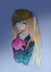  1girl :d bangs black_jacket blonde_hair blue_background collared_shirt cropped_torso crying eyebrows_visible_through_hair gradient gradient_background green_eyes hair_between_eyes hair_ribbon highres jacket little_busters!! long_hair long_sleeves open_mouth pink_neckwear ribbon school_uniform shiny shiny_hair shirt sketch smile solo tears tokido_saya twintails upper_body very_long_hair white_ribbon white_shirt wing_collar zuzuhashi 