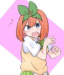  /\/\/\ 1girl bangs blue_eyes blush bow collared_shirt commentary_request eyebrows_behind_hair go-toubun_no_hanayome green_bow green_ribbon green_skirt hair_between_eyes hair_ribbon highres kujou_karasuma nakano_yotsuba open_mouth orange_hair pink_background pleated_skirt ribbon shirt short_sleeves skirt solo surprised sweater_vest two-tone_background white_background white_shirt 