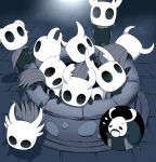  6+others arizuka_(catacombe) climbing cloak commentary elderbug flying_sweatdrops highres hollow_knight horns knight_(hollow_knight) looking_at_viewer mask multiple_others no_humans standing sweatdrop well 