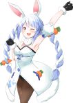  1girl absurdres animal_ear_fluff animal_ears appo_(36786257) arm_up armpits bangs black_gloves black_legwear blue_hair blush braid breasts carrot_hair_ornament closed_eyes commentary_request eyebrows_visible_through_hair food_themed_hair_ornament fur_collar gloves hair_between_eyes hair_ornament highres hololive long_hair looking_at_viewer multicolored_hair open_mouth pantyhose rabbit_ears simple_background smile solo thick_eyebrows twin_braids two-tone_hair upper_teeth usada_pekora virtual_youtuber white_background white_hair 