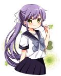  1girl arm_behind_back arm_up blue_skirt green_eyes holding holding_hair long_hair original oumi_neneha ponytail purple_hair ribbon school_uniform serafuku shirt skirt smile solo upper_body very_long_hair white_shirt 