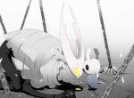  2others all_fours arizuka_(catacombe) chain cloak commentary cracked_mask glowing grey_cloak highres hollow_eyes hollow_knight hollow_knight_(character) horns knight_(hollow_knight) looking_at_another multiple_others no_humans simple_background 