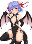  1girl alternate_costume alternate_hairstyle black_legwear black_panties blue_hair breasts bun_cover center_opening china_dress chinese_clothes demon_wings double_bun dress fighting_stance furrowed_eyebrows highres looking_at_viewer open_mouth panties red_eyes remilia_scarlet side-tie_panties simple_background small_breasts solo standing standing_on_one_leg string_panties thigh-highs tokoya_(ex-hetare) touhou underwear white_background wings 