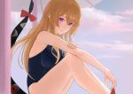  1girl beach_umbrella blonde_hair blush bow breasts clouds competition_swimsuit gap_(touhou) highres long_hair looking_at_viewer one-piece_swimsuit outdoors pr0xies1 red_eyes ribbon sitting sky smile solo swimsuit touhou umbrella violet_eyes yakumo_yukari 