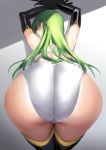  1girl absurdres ass back bangs bent_over black_gloves black_legwear blush c.c. closed_mouth code_geass competition_swimsuit elbow_gloves gloves green_hair highres long_hair looking_at_viewer looking_back one-piece_swimsuit swimsuit thigh-highs thighs ulrich_(tagaragakuin) yellow_eyes 