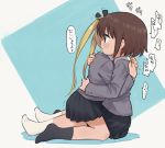  2girls blonde_hair brown_eyes brown_hair commentary hair_ribbon hug kill_me_baby long_hair meis_(terameisu) multiple_girls necktie open_mouth oribe_yasuna ribbon school_uniform short_hair skirt sonya_(kill_me_baby) straddling thigh_straddling translated trembling twintails yuri 