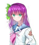  1girl angel_beats! bangs black_hairband blue_sailor_collar bow collared_shirt eyebrows_visible_through_hair green_bow green_eyes hair_between_eyes hair_bow hairband highres long_hair looking_at_viewer parted_lips pink_neckwear purple_hair sailor_collar sailor_shirt school_uniform serafuku shinda_sekai_sensen_uniform shiny shiny_hair shirt simple_background sketch solo upper_body white_background white_shirt yuri_(angel_beats!) zuzuhashi 