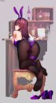  1girl absurdres alcohol animal_ears ass bare_back black_legwear bunny_girl bunnysuit chair cup drinking_glass fate/grand_order fate_(series) feet high_heels highres long_hair looking_back ninainaidesss rabbit_ears red_eyes redhead scathach_(fate)_(all) scathach_(fate/grand_order) shoes shoes_removed soles toes whiskey wine wine_glass 