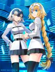  2girls armor black_legwear blonde_hair blue_eyes braid chaldea_uniform commentary_request cosplay dual_persona fate/grand_order fate_(series) fujimaru_ritsuka_(female) fujimaru_ritsuka_(female)_(cosplay) headpiece jeanne_d&#039;arc_(alter)_(fate) jeanne_d&#039;arc_(fate) jeanne_d&#039;arc_(fate)_(all) long_hair matching_outfit multiple_girls shirotsumekusa single_braid skirt standing teeth thigh-highs uniform very_long_hair yellow_eyes 