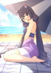  1girl animal_ear_fluff animal_ears bangs bare_shoulders barefoot beach beach_umbrella bikini bikini_under_clothes black_bikini black_hair blush bow breasts cat_ears chahei commentary day eyebrows_visible_through_hair green_eyes hair_bow head_tilt highres horizon jacket karyl_(princess_connect!) long_hair looking_at_viewer looking_to_the_side low_twintails nose_blush ocean off_shoulder open_mouth outdoors princess_connect! princess_connect!_re:dive purple_bow purple_jacket ringlets sand sitting small_breasts solo swimsuit symbol_commentary twintails umbrella very_long_hair wariza water wavy_mouth 