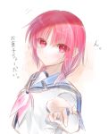  1girl angel_beats! bangs blue_sailor_collar closed_mouth collared_shirt eyebrows_visible_through_hair hair_between_eyes highres iwasawa long_sleeves looking_at_viewer pink_neckwear red_eyes redhead sailor_collar sailor_shirt shinda_sekai_sensen_uniform shiny shiny_hair shirt short_hair simple_background sketch solo upper_body white_background white_shirt zuzuhashi 