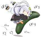  1girl :t antenna_hair bangs black_jacket braid chibi closed_mouth commentary_request cucumber cucumber_slice dress eating food_themed_hair_ornament full_body grey_dress hair_between_eyes hair_ornament highres jacket jumping kizuna_akari long_hair long_sleeves milkpanda minigirl orange_legwear pantyhose puffy_cheeks puffy_long_sleeves puffy_sleeves shadow silver_hair solo striped striped_legwear sweat translation_request twin_braids twintails vertical-striped_legwear vertical_stripes very_long_hair voiceroid wavy_mouth white_background |_| 