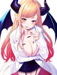  1girl blonde_hair blue_eyes breasts collarbone commentary_request demon_horns demon_wings fingernails highres hololive horns labcoat large_breasts long_hair looking_at_viewer mikan_(chipstar182) pointy_ears simple_background solo tongue tongue_out virtual_youtuber white_background wings yuzuki_choco 