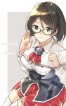 1girl bangs black_hair breasts capelet character_name closed_mouth cosplay eyebrows_visible_through_hair green-framed_eyewear hair_between_eyes highres kantai_collection kirishima_(kantai_collection) large_breasts long_sleeves red_skirt roma_(kantai_collection) roma_(kantai_collection)_(cosplay) short_hair simple_background skirt solo sweat thigh-highs two-tone_background u_yuz_xx white_legwear 