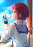  1girl absurdres angel_beats! bangs blue_sailor_collar blue_sky blurry blurry_background bottle day eyebrows_visible_through_hair from_behind highres holding holding_bottle huge_filesize iwasawa looking_at_viewer outdoors profile red_eyes redhead ribbon sailor_collar school_uniform shinda_sekai_sensen_uniform shiny shiny_hair shirt short_hair sky sleeves_rolled_up solo towel towel_around_neck upper_body volvic water_bottle white_ribbon white_shirt wristband zuzuhashi 