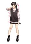  1girl bangs black_hair full_body grey_eyes highres holding holding_microphone idol junna_(singer) long_shirt looking_to_the_side medium_hair microphone platform_footwear platform_heels pote-mm real_life seiyuu solo v white_background 