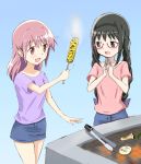  2girls :d akemi_homura barbecue black_hair braid casual corn food glasses hair_down kaname_madoka kinfuji mahou_shoujo_madoka_magica multiple_girls open_mouth pink_eyes pink_hair shirt shorts smile twintails vegetable violet_eyes 