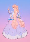  1girl artist_name bangs bishoujo_senshi_sailor_moon blonde_hair blue_background crescent_moon dress flower from_behind full_body gradient gradient_background gradient_dress long_hair meyoco moon pink_background pink_dress purple_background purple_dress solo standing tsukino_usagi twintails very_long_hair white_flower 