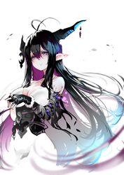  1girl ahoge bandaged_arm bandages black_hair breasts danua draph dress granblue_fantasy horns large_breasts long_hair neichiru pointy_ears violet_eyes white_dress 