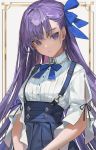  1girl bangs blue_eyes blue_neckwear blue_ribbon blue_skirt breasts chyoel closed_mouth collared_shirt contemporary dress_shirt earrings fate/extra fate/extra_ccc fate_(series) hair_ribbon high-waist_skirt highres jewelry long_hair long_sleeves looking_at_viewer meltryllis purple_hair ribbon shirt short_sleeves skirt small_breasts suspender_skirt suspenders white_background white_shirt 