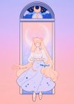  1girl artist_name bishoujo_senshi_sailor_moon blonde_hair clouds constellation crescent_moon full_body gate gradient gradient_background long_hair long_skirt meyoco moon pink_background purple_background purple_skirt skirt solo tsukino_usagi twintails very_long_hair 