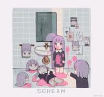  5girls bare_legs barefoot black_dress blood blood_on_face blood_splatter border death disembodied_head dress faucet highres indoors kapura knife mirror multiple_girls original pink_blood pointing print_towel purple_hair short_hair sink towel upskirt white_border 