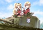  2girls :d bangs black_bow black_hairband blonde_hair blue_eyes blue_sky blush bow braid breasts buttons churchill_(tank) clouds commentary_request crossover cup darjeeling_(girls_und_panzer) day emblem emily_stewart epaulettes eyebrows_visible_through_hair food from_below girls_und_panzer ground_vehicle hair_between_eyes hair_bow hairband hand_up hands_up hatch holding holding_cup holding_saucer idolmaster idolmaster_million_live! jacket kuroi_mimei long_hair long_sleeves looking_at_another medium_breasts military military_uniform military_vehicle motor_vehicle multiple_girls open_mouth outdoors parted_bangs parted_lips red_jacket saucer short_hair sky smile snowing st._gloriana&#039;s_(emblem) st._gloriana&#039;s_military_uniform steam tank teacup tied_hair tiered_tray tray tree twintails uniform upper_body violet_eyes winter 