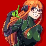  1girl absurdres behind-the-head_headphones blueriest brown_hair glasses green_jacket headphones highres jacket long_hair looking_at_viewer orange_hair persona persona_5 persona_5_the_royal red_background sakura_futaba simple_background solo teeth 