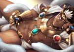  1boy abs bara beard brown_hair bulge chest dark_skin dark_skinned_male facial_hair headband highres jewelry looking_at_viewer male_focus muscle navel necklace nipples pectorals pointy_ears revealing_clothes solo spiky_hair tangaroa tattoo tokyo_houkago_summoners white_hair yellow_eyes zifuuuun 