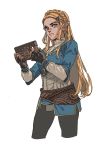  1girl blonde_hair blue_eyes book farawaygalaxy1 fingerless_gloves gloves hair_ornament hairclip highres holding holding_book long_hair looking_at_viewer pants pointy_ears princess_zelda simple_background solo the_legend_of_zelda the_legend_of_zelda:_breath_of_the_wild white_background 