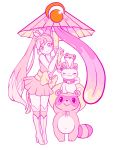  1girl :3 boots bow crunchyroll detached_sleeves frog full_body hair_ribbon head_tilt heart heart-shaped_pupils high_heel_boots high_heels high_ponytail hime_(crunchyroll) holding holding_umbrella karakasa_obake knee_boots large_bow logo long_hair maneki-neko milkteamaid miniskirt obi pink_theme ribbon sash shirt simple_background single_detached_sleeve single_sleeve skirt standing symbol-shaped_pupils tanuki umbrella very_long_hair white_background youkai 