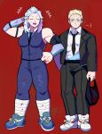  1boy 1girl blonde_hair blood bloody_clothes blue_eyes denaseey dorohedoro formal full_body glasses hand_behind_head hand_on_hip highres muscle muscular_female necktie noi_(dorohedoro) red_background shin_(dorohedoro) shoes sneakers suit white_hair 