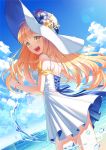  1girl artist_request bangs blonde_hair blunt_bangs bracelet dress from_behind hat jewelry long_hair looking_at_viewer open_mouth original smile solo summer sun_hat sundress white_dress white_headwear yellow_eyes 