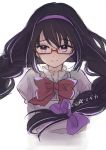  1girl akemi_homura black_hair blush bow bowtie braid closed_mouth copyright_name cropped_torso glasses hair_bow hairband long_hair looking_at_viewer mahou_shoujo_madoka_magica purple_bow purple_hairband red-framed_eyewear red_bow school_uniform simple_background solo sugano_manami twin_braids violet_eyes white_background 