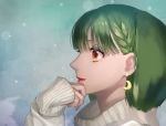  1girl bangs beige_sweater braid close-up commentary earrings hand_on_own_chin highres jewelry lipstick macross macross_frontier makeup moon older orange_eyes pote-mm ranka_lee red_lipstick 