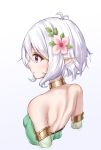  1girl back bare_shoulders choker commentary_request flower from_behind gradient gradient_background hair_flower hair_ornament highres kokkoro_(princess_connect!) lavender_background menyou_rouru pink_eyes pointy_ears princess_connect! princess_connect!_re:dive short_hair solo white_hair 