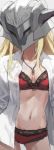  1girl blonde_hair bra breasts collared_shirt dress_shirt fate/apocrypha fate_(series) helmet highres jewelry long_hair long_sleeves mordred_(fate) mordred_(fate)_(all) navel necklace open_clothes open_shirt panties pendant red_bra red_panties shirt small_breasts tonee underwear white_shirt 