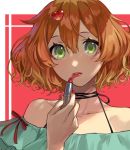  1girl bob_cut close-up freyja_wion green_eyes hair_between_eyes hair_ornament heart heart_hair_ornament highres lipstick lipstick_tube looking_at_viewer macross macross_delta makeup orange_hair pote-mm red_lipstick runny_makeup short_hair solo 