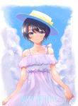  1girl absurdres alternate_costume asao_(flavor_of_morning) black_hair blue_eyes blue_sky blush bow breasts closed_mouth clouds cloudy_sky collarbone commentary cowboy_shot day dress english_text happy_birthday hat hat_bow highres hololive looking_at_viewer off-shoulder_dress off_shoulder oozora_subaru outdoors plaid plaid_bow short_hair sky sleeveless sleeveless_dress small_breasts smile solo virtual_youtuber white_dress white_headwear 