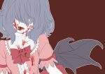  1girl absurdres bat_wings blood blood_on_face bloody_clothes blue_hair bow brown_background dress fangs frilled_sleeves frills hair_over_eyes hidden_eyes highres kawayabug licking_lips pink_dress puffy_short_sleeves puffy_sleeves red_bow red_ribbon remilia_scarlet ribbon short_sleeves simple_background solo tongue tongue_out touhou upper_body wings 